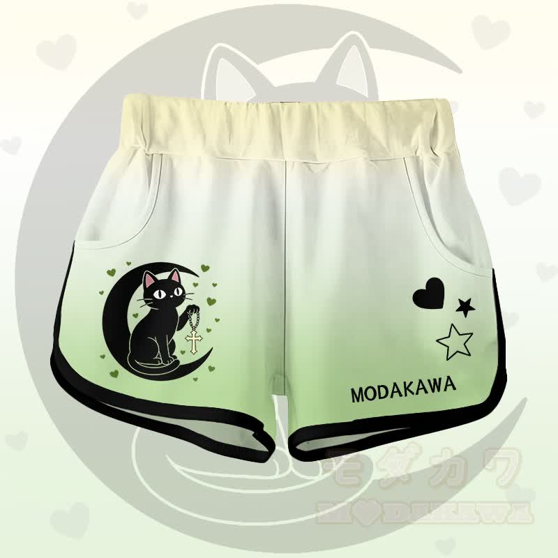Gradient Black Cat Moon Graphic Modakawa Shorts - Green A - 5XL - image 1
