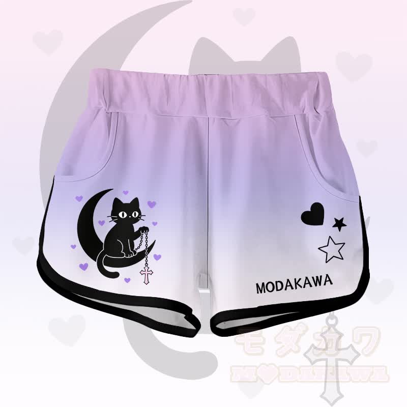Gradient Black Cat Moon Graphic Modakawa Shorts - Purple - 5XL - image 8