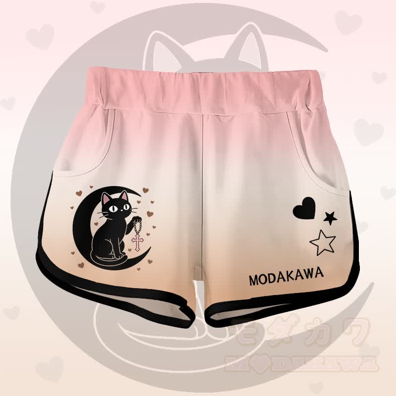 Gradient Black Cat Moon Graphic Modakawa Shorts - Pink A - 5XL - image 3