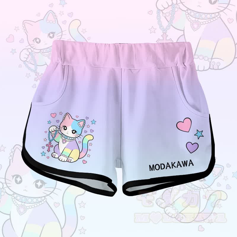 Pastel Gradient Cat Graphic Modakawa Shorts - Purple A - 5XL - image 2