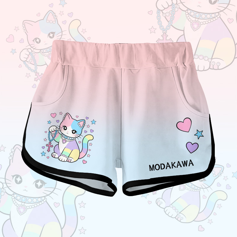 Pastel Gradient Cat Graphic Modakawa Shorts - Pink - 5XL - image 1