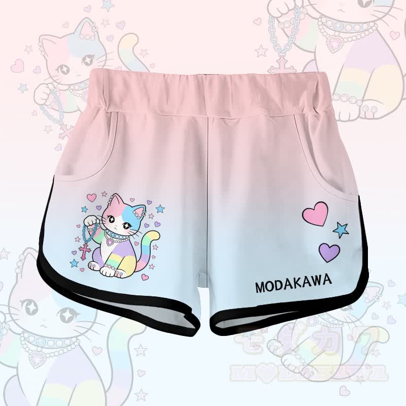 Pastel Gradient Cat Graphic Modakawa Shorts - Pink - 5XL - image 1