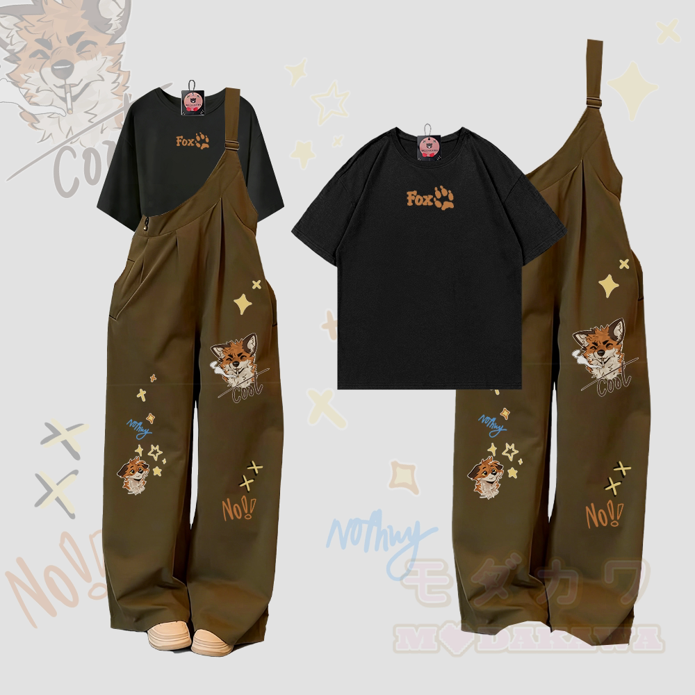 MODAKAWA X atka Letter Graphic 100% Cotton T-shirt Fox Smoking Graphic One Shoulder Overalls Two Pieces Set - Black & Green - XL - image 2
