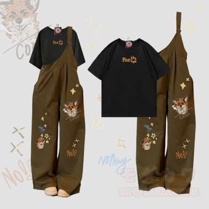 MODAKAWA X atka Letter Graphic 100% Cotton T-shirt Fox Smoking Graphic One Shoulder Overalls Two Pieces Set - Black & Green - XL - image 2