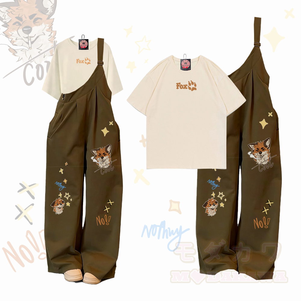 MODAKAWA X atka Letter Graphic 100% Cotton T-shirt Fox Smoking Graphic One Shoulder Overalls Two Pieces Set - Apricot & Green - XL - image 1