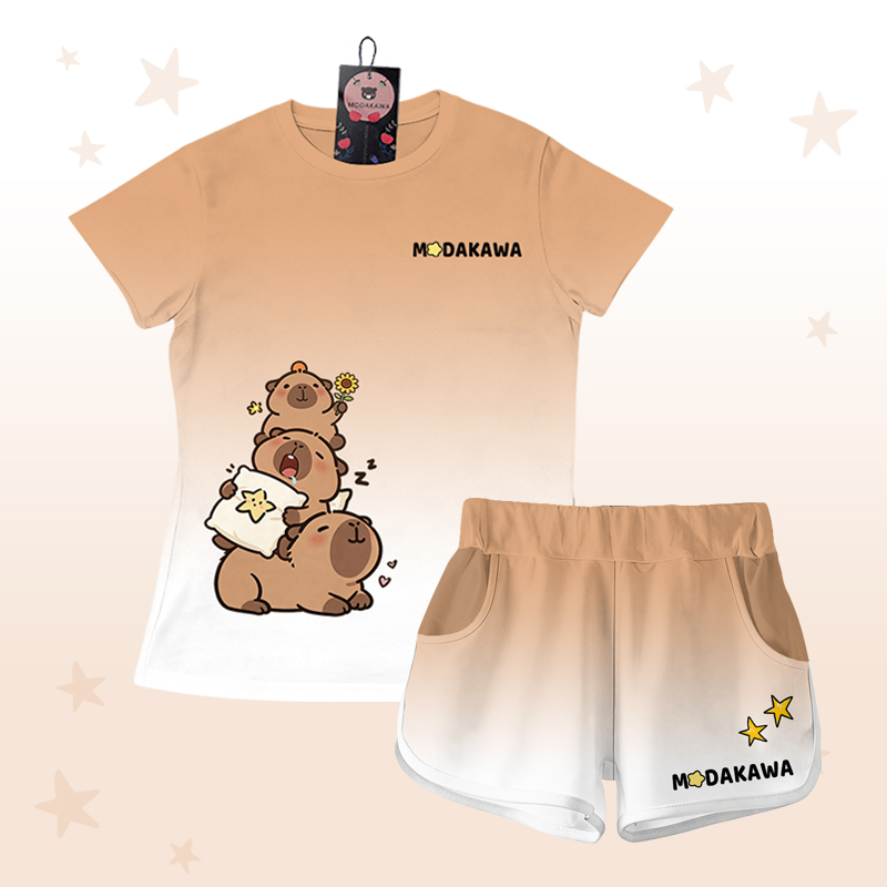 Gradient Capybara Graphic T-shirt Letter Graphic Shorts Modakawa Matching Outfit - Brown & White Set - 5XL - image 1