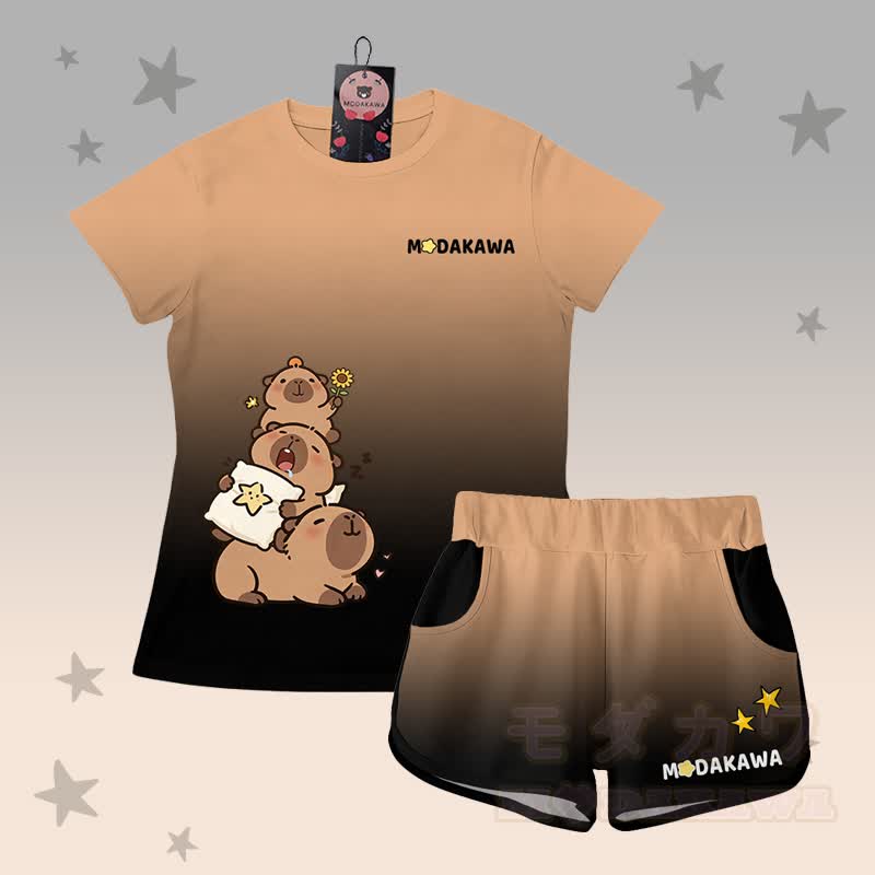 Gradient Capybara Graphic T-shirt Letter Graphic Shorts Modakawa Matching Outfit - Brown & Black Set - 5XL - image 2