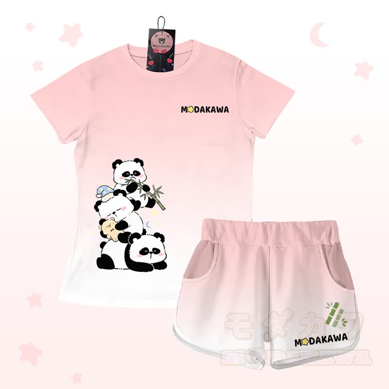 Gradient Panda Graphic T-shirt Letter Graphic Shorts Modakawa Matching Outfit - Pink Set - 5XL - image 2