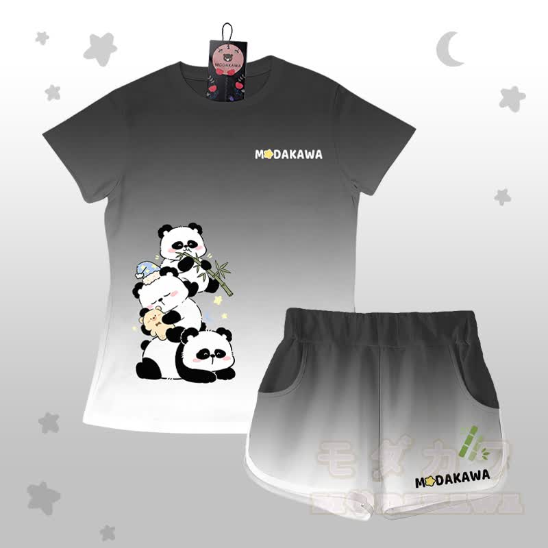 Gradient Panda Graphic T-shirt Letter Graphic Shorts Modakawa Matching Outfit - Black Set - 5XL - image 1