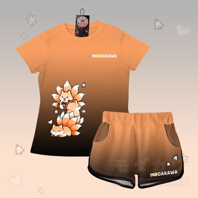 Gradient Nine-tailed Fox Graphic T-shirt Letter Graphic Shorts Modakawa Matching Outfit - Orange & Black Set - 5XL - image 2