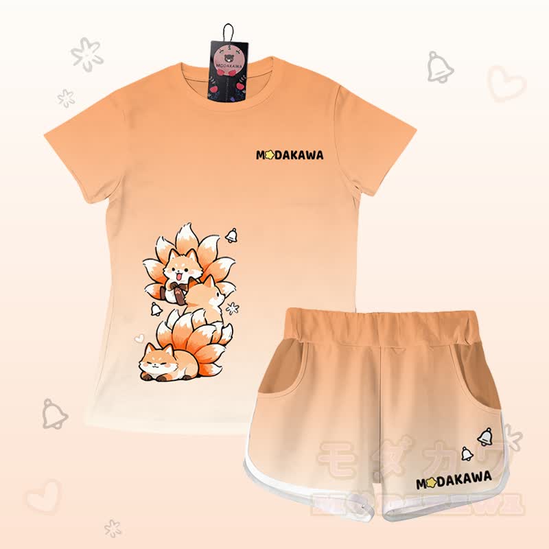 Gradient Nine-tailed Fox Graphic T-shirt Letter Graphic Shorts Modakawa Matching Outfit - Orange & White Set - 5XL - image 1