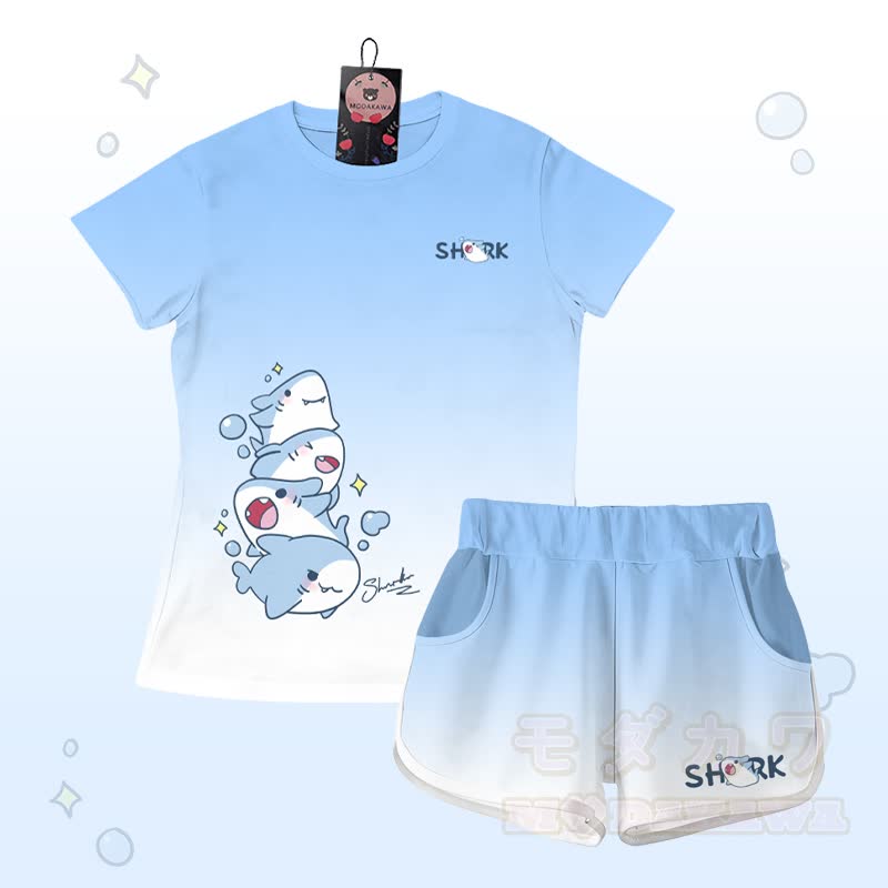 Gradient Shark Graphic T-shirt Letter Graphic Shorts Modakawa Matching Outfit - Blue & White Set - 5XL - image 1