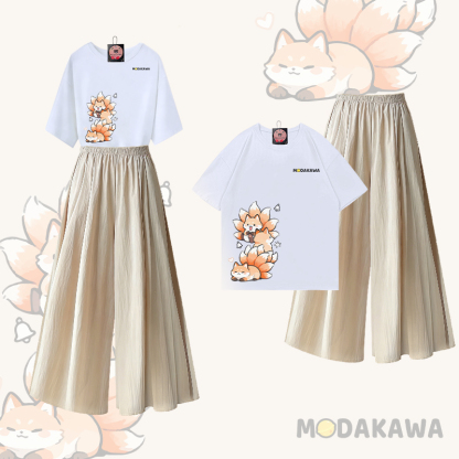 Nine Tails Fox Graphic 100% Cotton T-shirt Wide Leg Pants Modakawa Two Pieces Set - White & Apricot - XL - image 2
