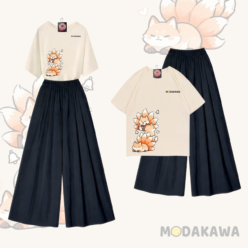 Nine Tails Fox Graphic 100% Cotton T-shirt Wide Leg Pants Modakawa Two Pieces Set - Apricot & Black - XL - image 1