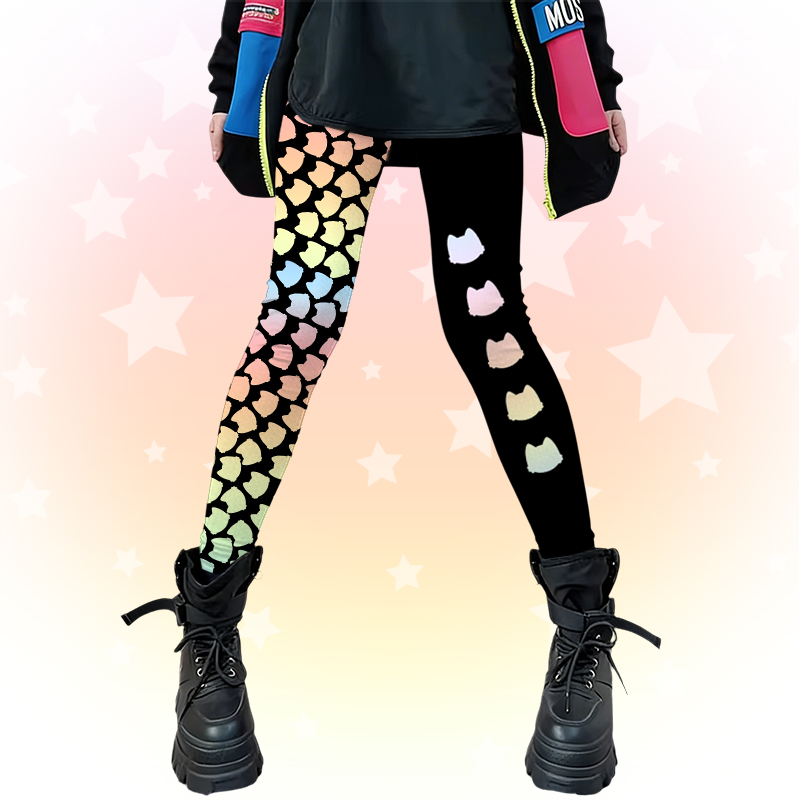  Rainbow Cat Graphic Modakawa Color Block Stretch Leggings - Black - 4XL - image 2