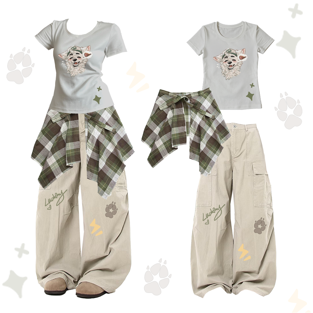 MODAKAWA X atka Fox Wants Meat Graphic U-Neck T-shirt Plaid Skirt Cargo Pants Two Pieces Set - Grey & Khaki - XL - image 1