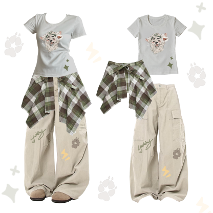 MODAKAWA X atka Fox Wants Meat Graphic U-Neck T-shirt Plaid Skirt Cargo Pants Two Pieces Set - Grey & Khaki - XL - image 1