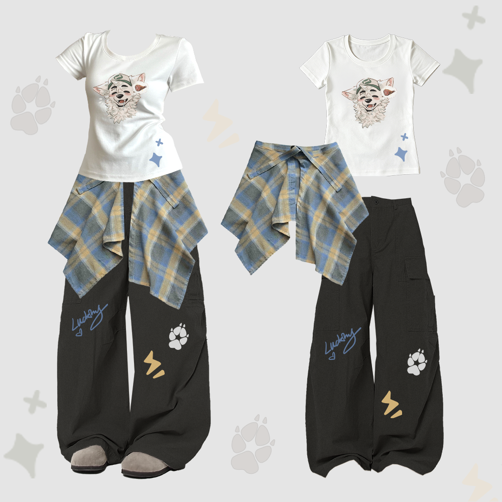 MODAKAWA X atka Fox Wants Meat Graphic U-Neck T-shirt Plaid Skirt Cargo Pants Two Pieces Set - White & Black - XL - image 2