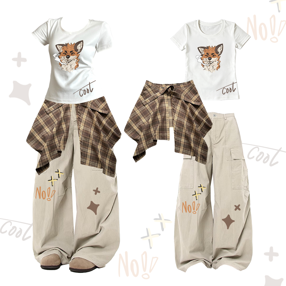 MODAKAWA X atka Smoking Fox Graphic U-Neck T-shirt Plaid Skirt Cargo Pants Two Pieces Set - White Set - XL - image 2