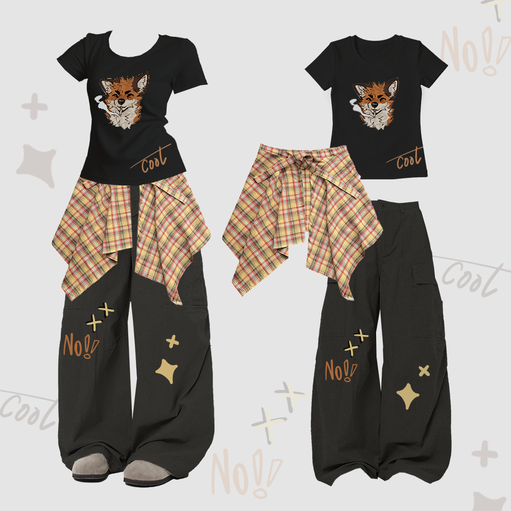 MODAKAWA X atka Smoking Fox Graphic U-Neck T-shirt Plaid Skirt Cargo Pants Two Pieces Set - Black Set - XL - image 1