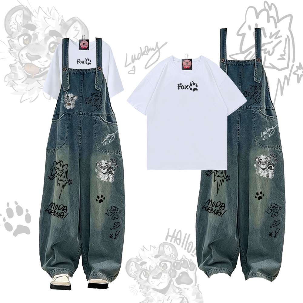 MODAKAWA X atka FOX Paw Graphic T-shirt Denim Overalls Two Pieces Set - White - 2XL - image 1