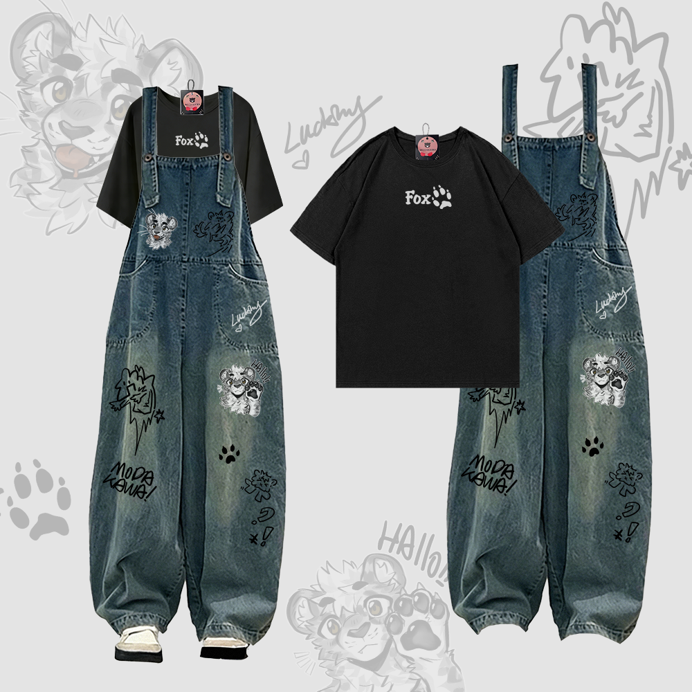 MODAKAWA X atka FOX Paw Graphic T-shirt Denim Overalls Two Pieces Set - Black - 2XL - image 2