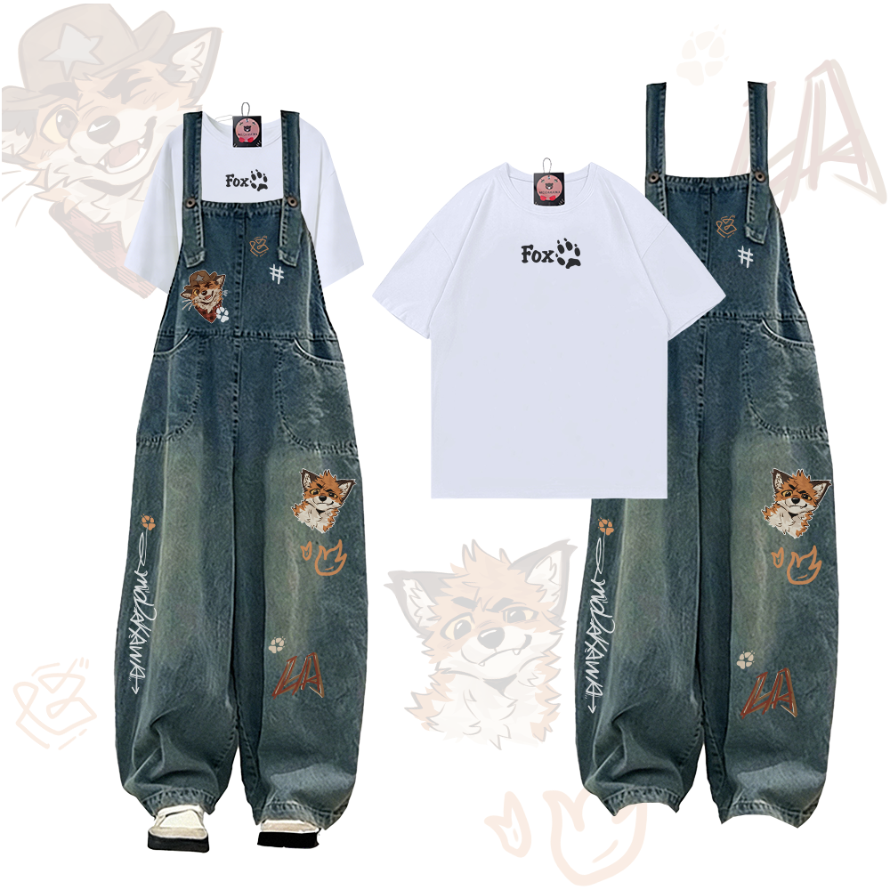 MODAKAWA X atka Playful FOX Paw Graphic T-shirt Denim Overalls Two Pieces Set - White - 2XL - image 2
