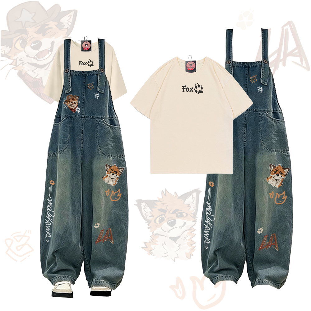 MODAKAWA X atka Playful FOX Paw Graphic T-shirt Denim Overalls Two Pieces Set - Apricot - 2XL - image 1