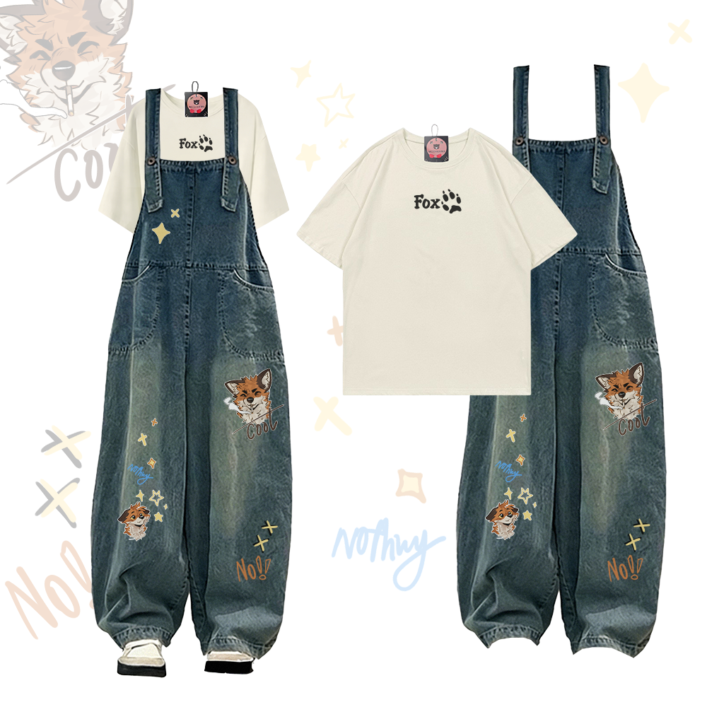 MODAKAWA X atka FOX Paw Graphic T-shirt Smoking Fox Graphic Denim Overalls Two Pieces Set - Light Beige - 2XL - image 2