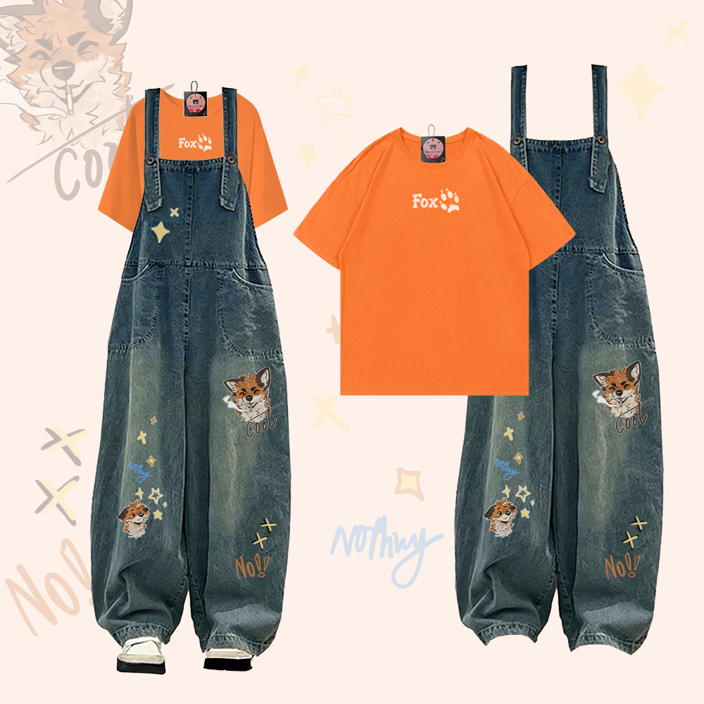 MODAKAWA X atka FOX Paw Graphic T-shirt Smoking Fox Graphic Denim Overalls Two Pieces Set - Orange - 2XL - image 1
