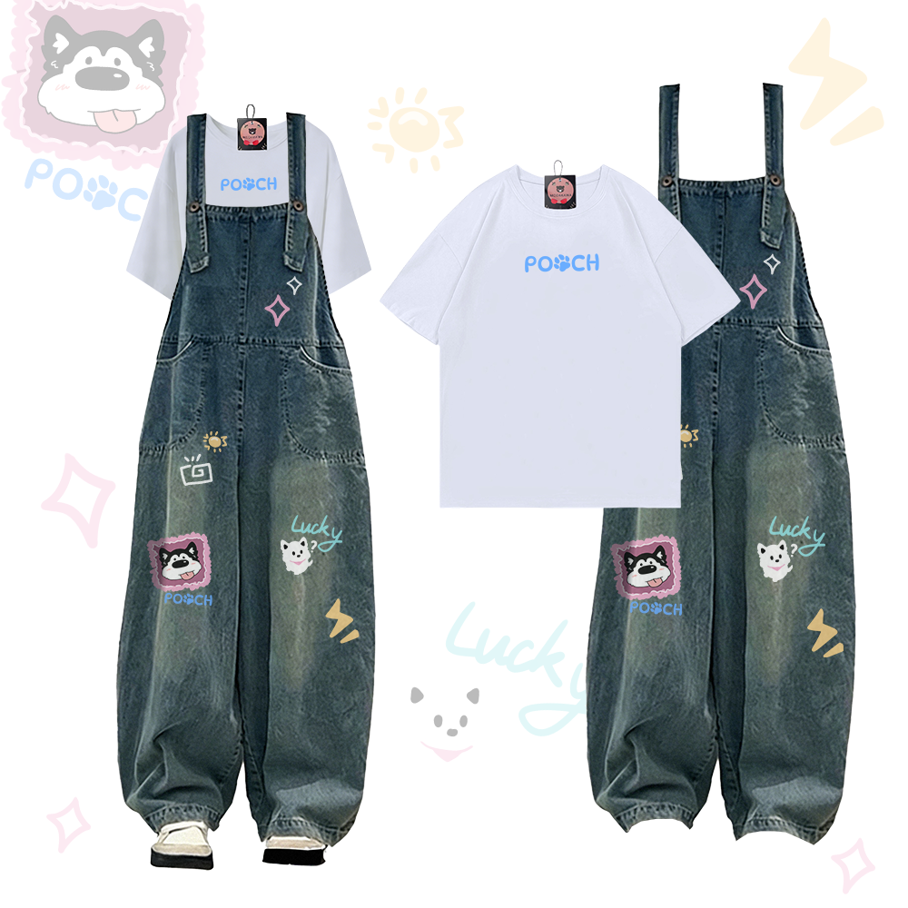 POOCH Paw Graphic T-shirt LUCKY Dog Denim Overalls Modakawa Two Pieces Set - White - 2XL - image 2