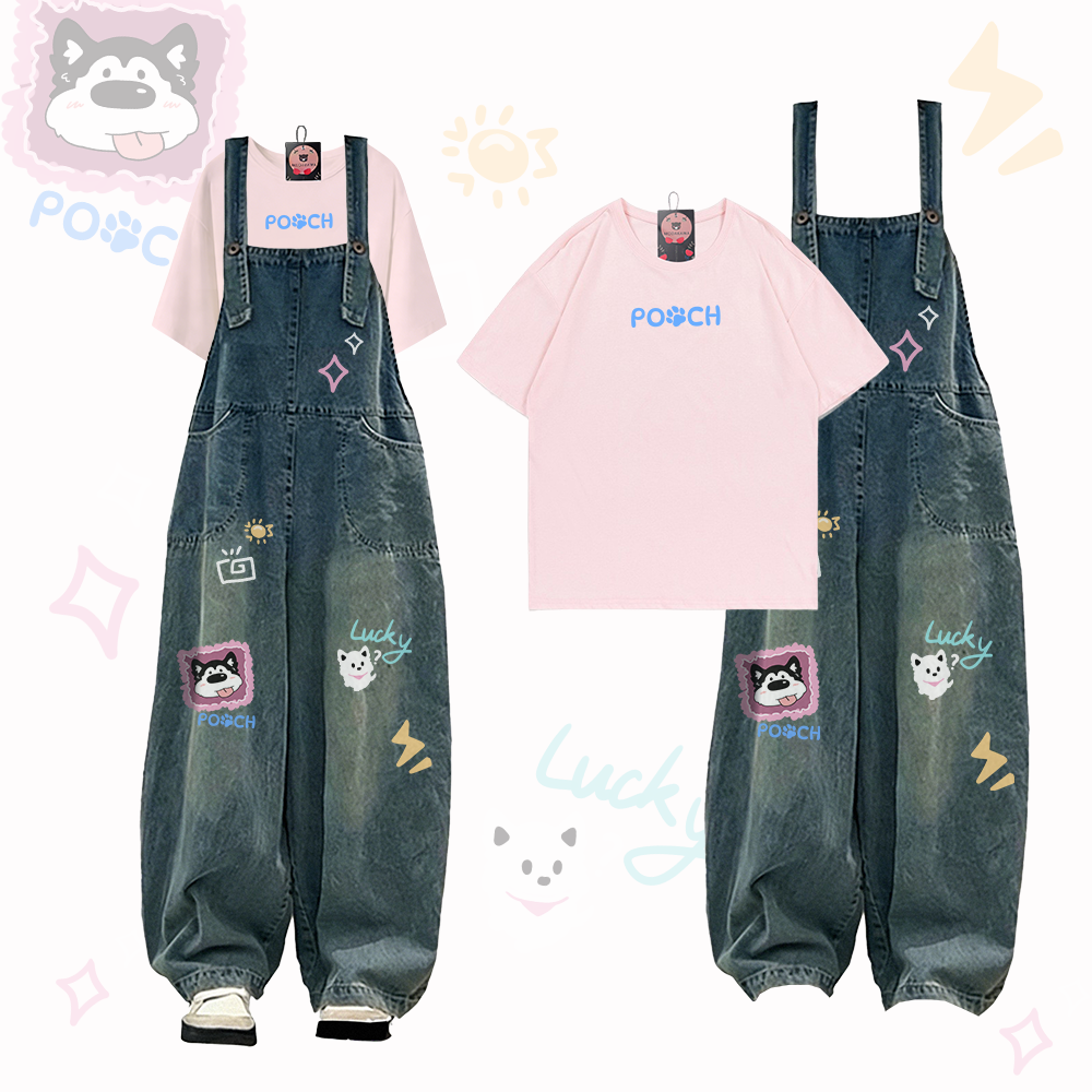 POOCH Paw Graphic T-shirt LUCKY Dog Denim Overalls Modakawa Two Pieces Set - Light Pink - 2XL - image 1