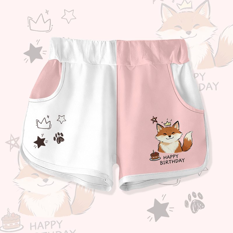 HAPPY BIRTHDAY Cute Fox Cake Graphic Modakawa Color Block Shorts - White & Pink - 5XL - image 1