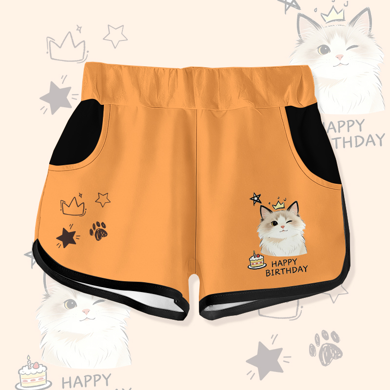HAPPY BIRTHDAY Wink Cat Cake Graphic Modakawa Shorts - Orange - 5XL - image 2