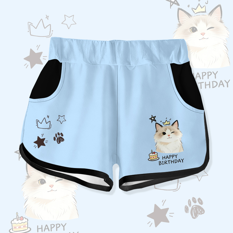 HAPPY BIRTHDAY Wink Cat Cake Graphic Modakawa Shorts - Blue - 5XL - image 1