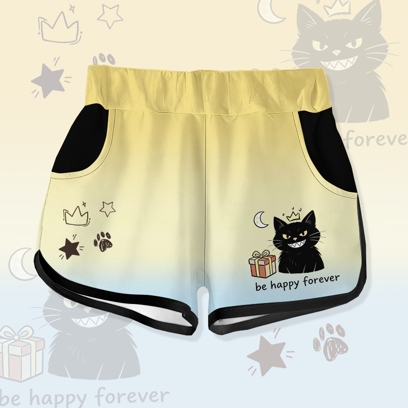 BE HAPPY FOREVER Black Cat Gift Graphic Modakawa Gradient Shorts - Yellow - 5XL - image 1