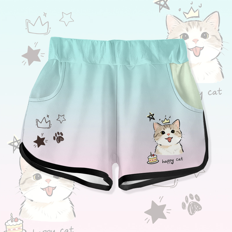 HAPPY CAT Cake Graphic Modakawa Gradient Shorts - Green - 5XL - image 1