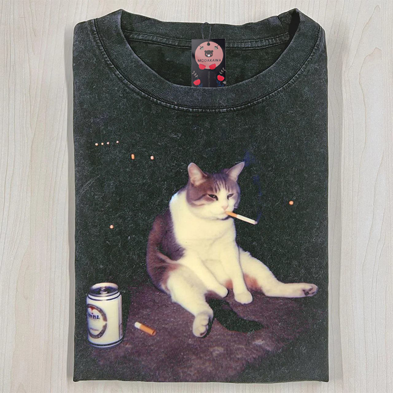Smoking Cat Graphic Unisex Vintage Washed T-Shirt - Black - S - image 2