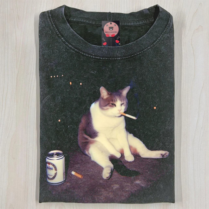 Smoking Cat Graphic Unisex Vintage Washed T-Shirt - Black - S - image 2