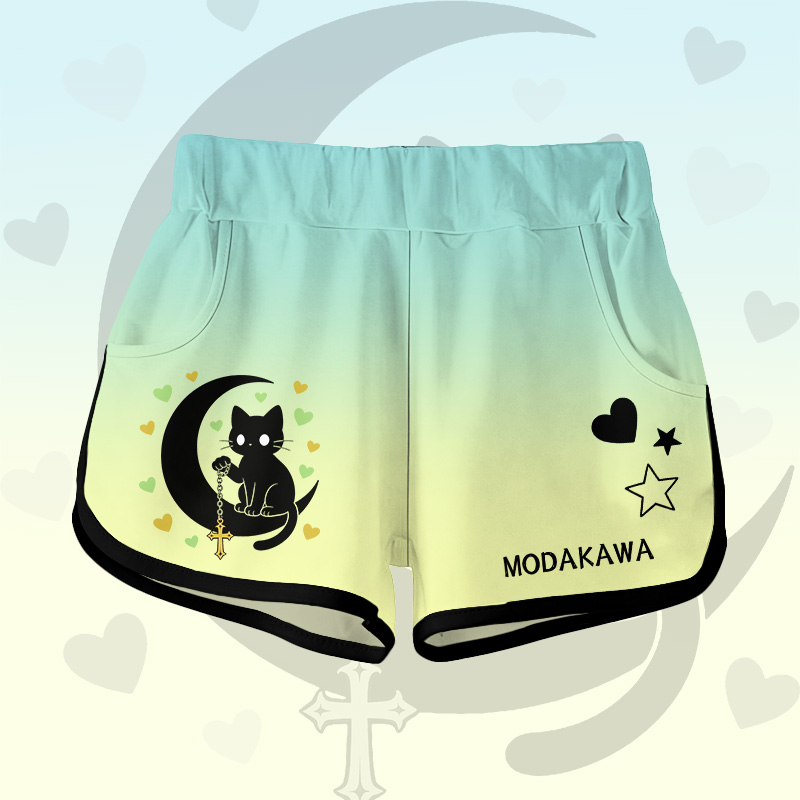 Astrology Black Cat Graphic Modakawa Shorts - Green - 5XL - image 2