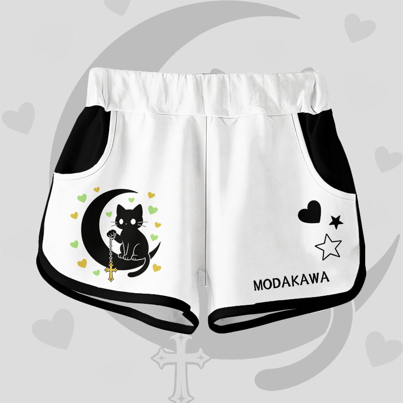 Astrology Black Cat Graphic Modakawa Shorts - White - 5XL - image 1