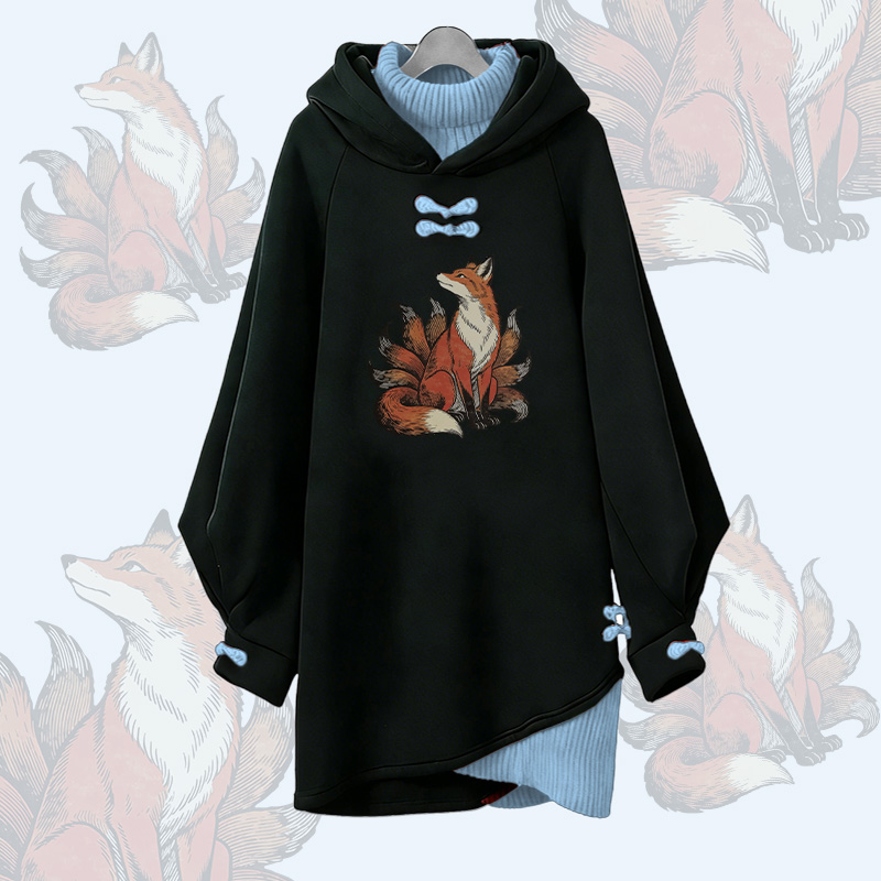 Nine-Tailed Sitting Fox Graphic Modakawa Buckle Vintage Hooded Sweatshirt Dress - Blue - 3XL - image 2