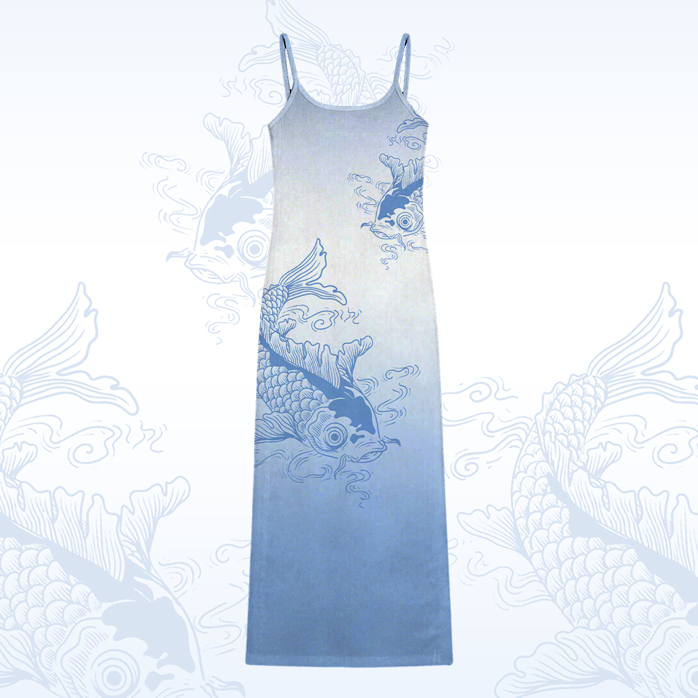 Koi Fish Graphic Modakawa Gradient Slip Dress - Blue - 5XL - image 2