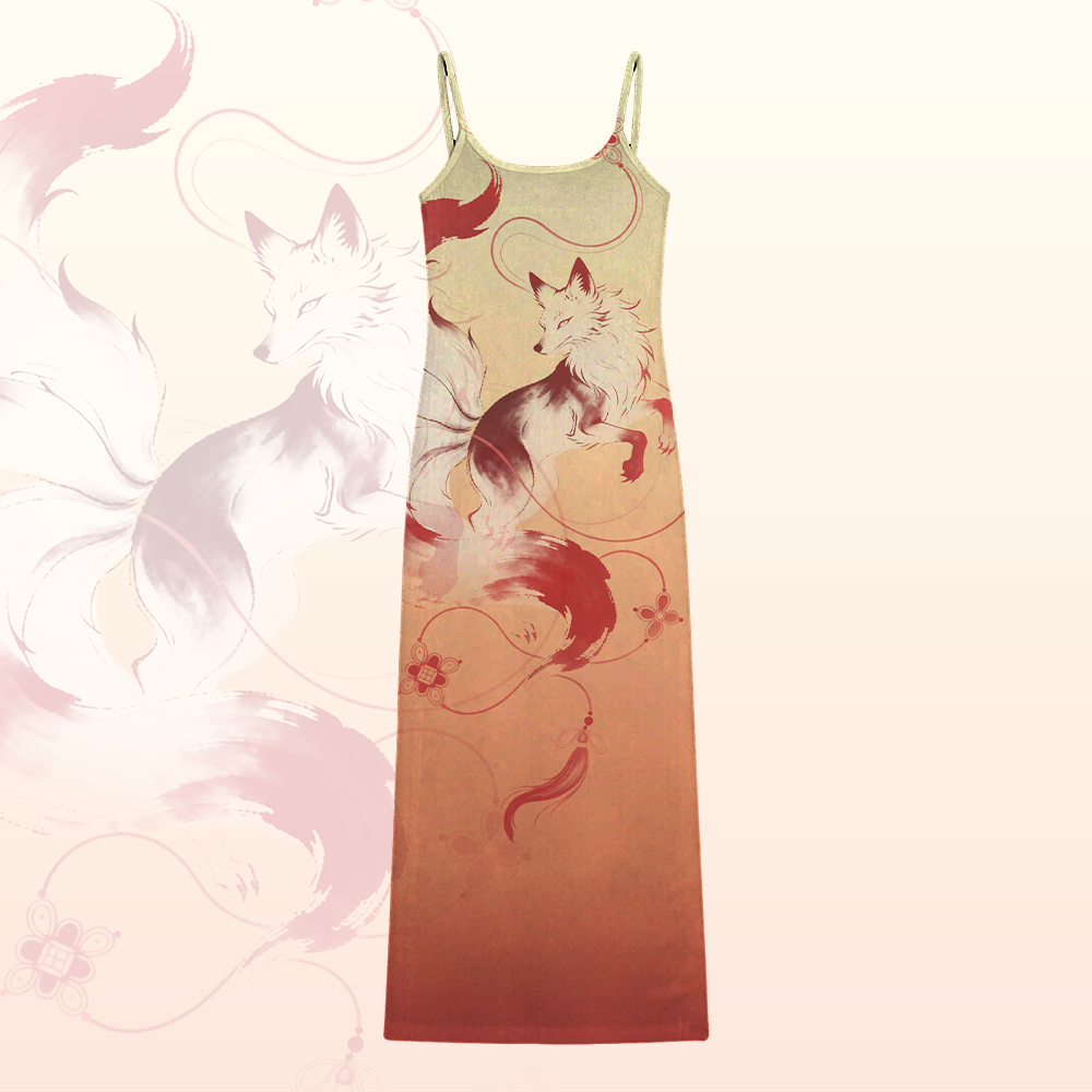 Nine Tail Fox Graphic Modakawa Gradient Slip Dress - Orange - 5XL - image 4