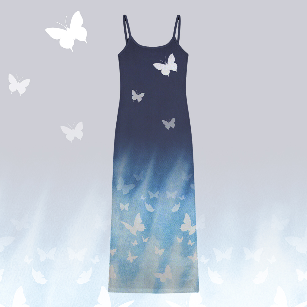 Butterfly Graphic Modakawa Gradient Slip Dress - Dark Blue - 5XL - image 1