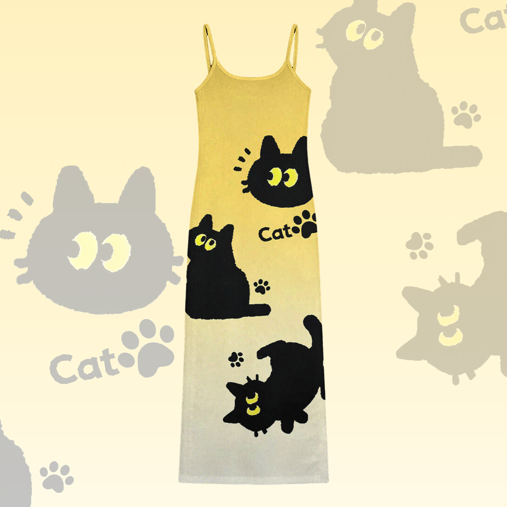 Black Cat Graphic Modakawa Gradient Slip Dress - Yellow - 5XL - image 1