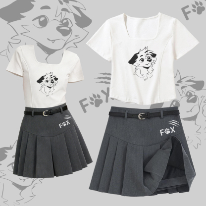 MODAKAWA X atka Fox Square Neck T-shirt Belt Pleated Skirt Matching Outfit - Set B - 2XL - image 2