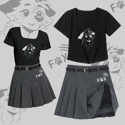 MODAKAWA X atka Fox Square Neck T-shirt Belt Pleated Skirt Matching Outfit - Set A - 2XL - image 1