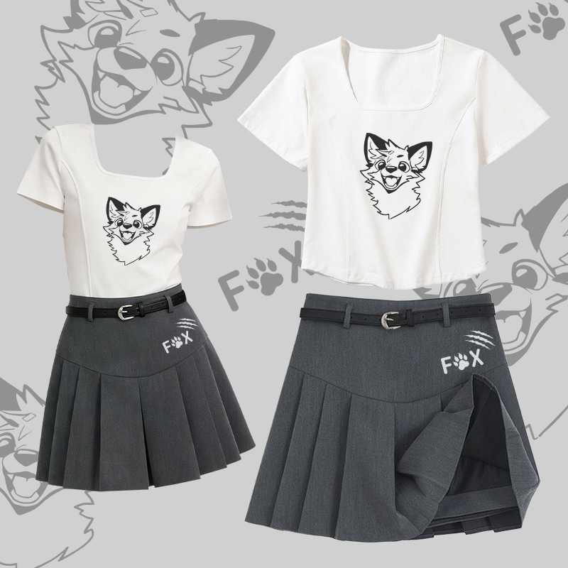 MODAKAWA X atka Funny Fox Square Neck T-shirt Belt Pleated Skirt Matching Outfit - Set B - 2XL - image 2