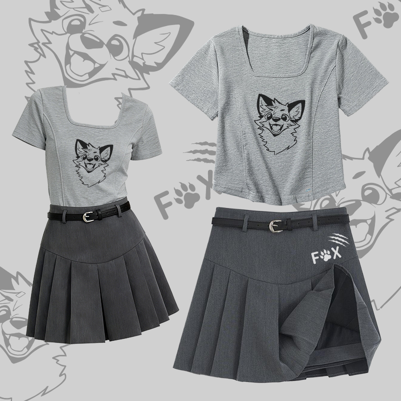 MODAKAWA X atka Funny Fox Square Neck T-shirt Belt Pleated Skirt Matching Outfit - Set A - 2XL - image 1